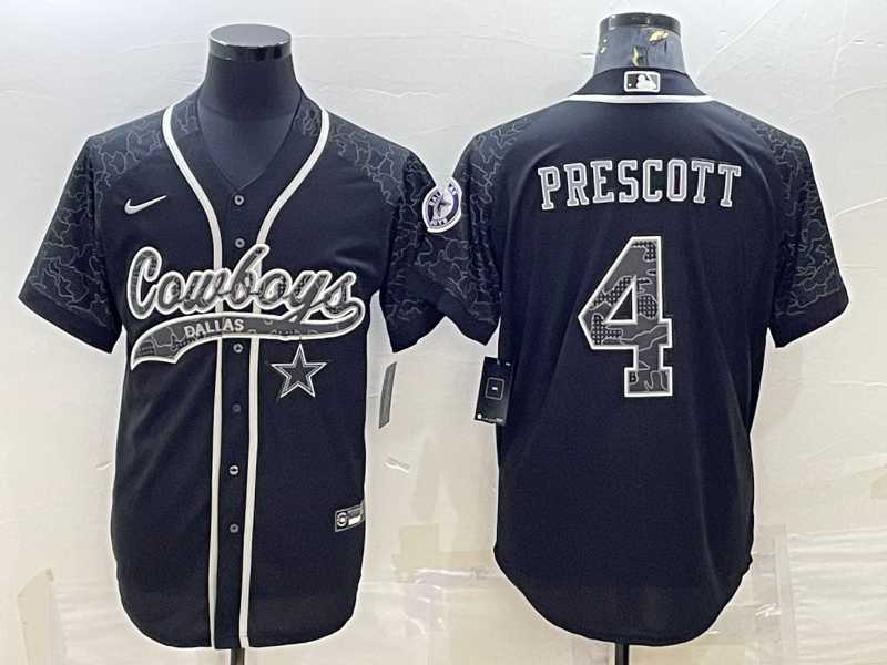 Mens Dallas Cowboys #4 Dak Prescott Black Reflective With Patch Cool Base Stitched Baseball Jersey